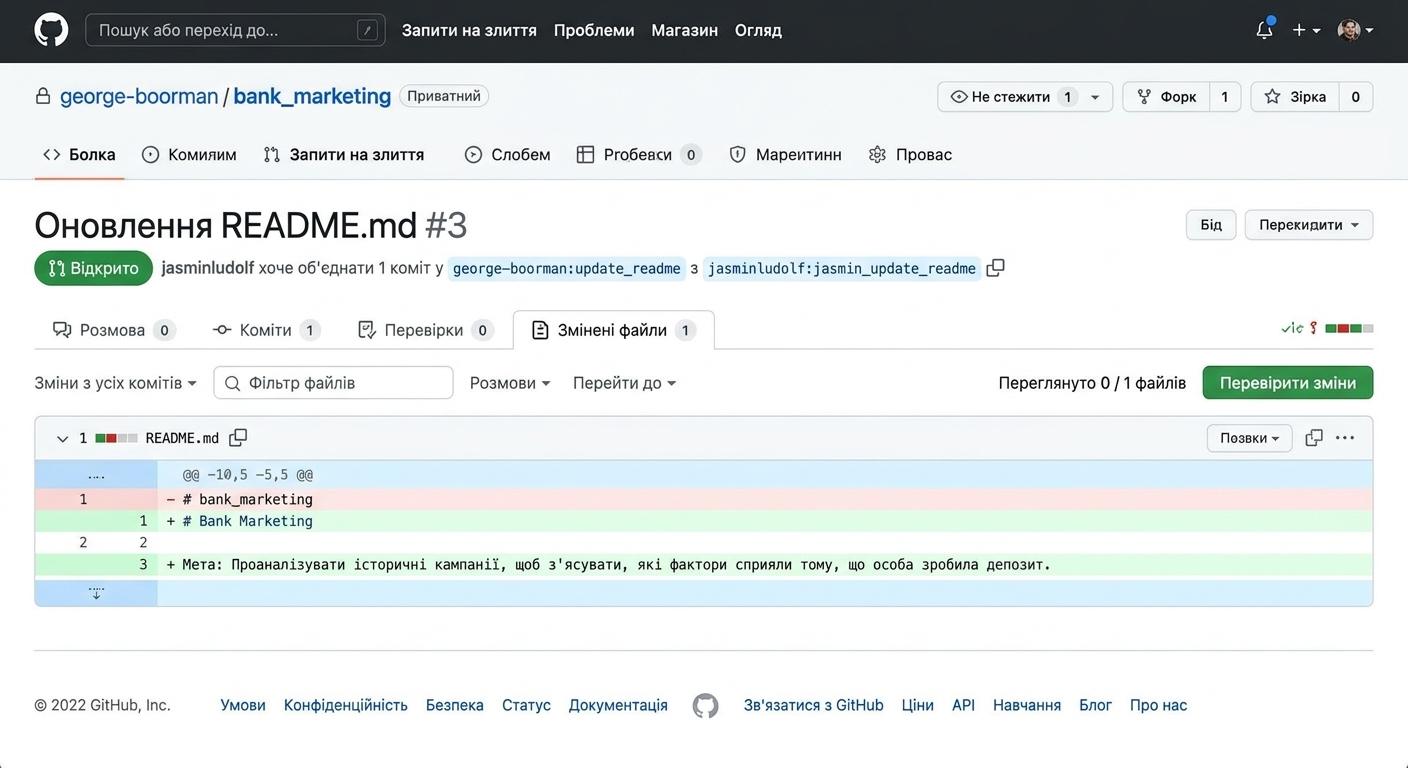 Вигляд вкладки Files changed у PR із видимою синьою іконкою хреста