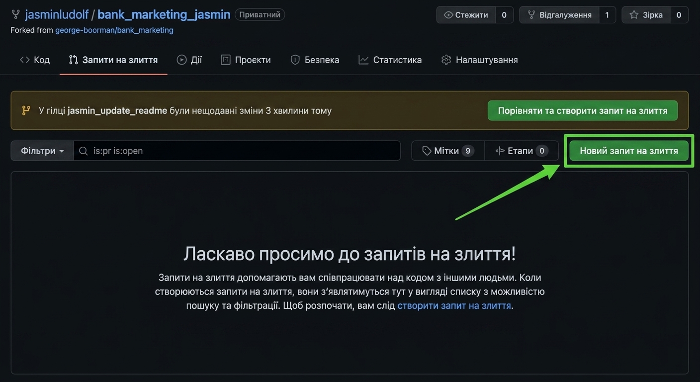 Вкладка pull requests у форкнутому репозиторії з підсвіченою кнопкою нового pull request