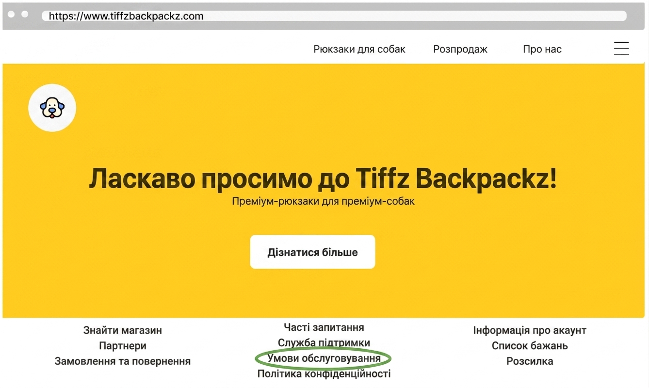 Сторінка Умов надання послуг Tiffz Backpackz
