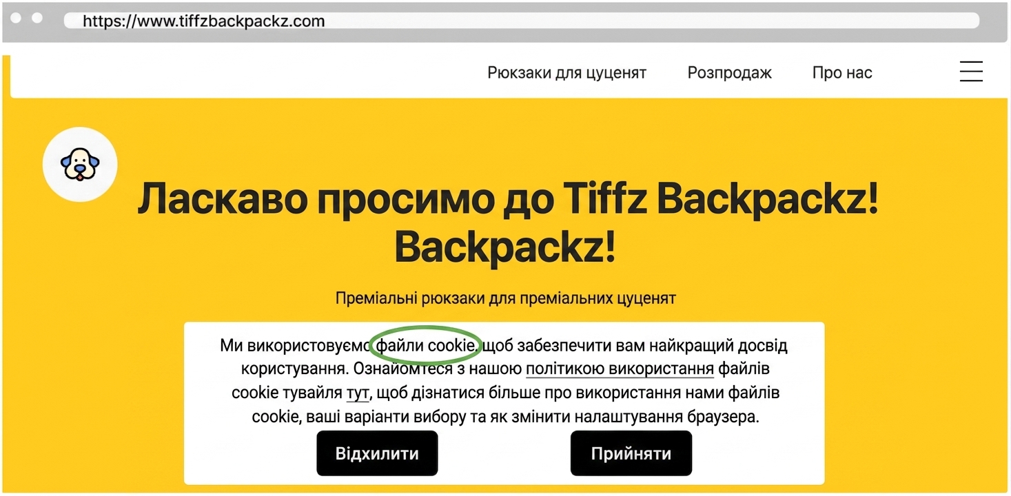 Файли cookie Tiffz Backpackz на лендингу