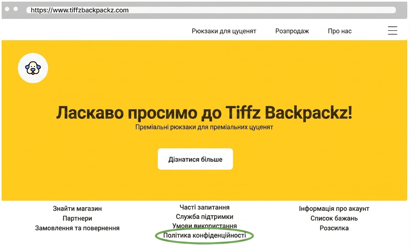 Політика конфіденційності Tiffz Backpackz на лендингу