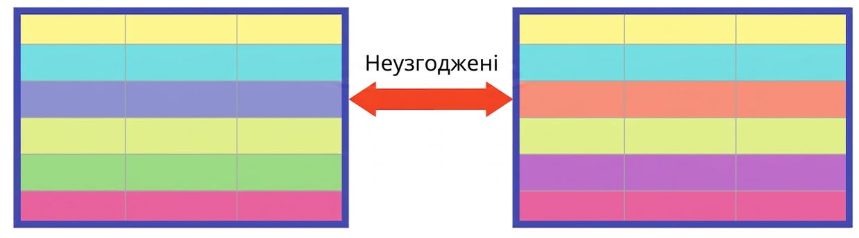 дві таблиці з рядками однакового кольору, окрім одного, що показує неузгодженість між таблицями