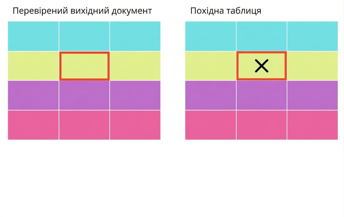 дві таблиці: перевірене джерело та нижчерозташована таблиця з одним неправильним значенням