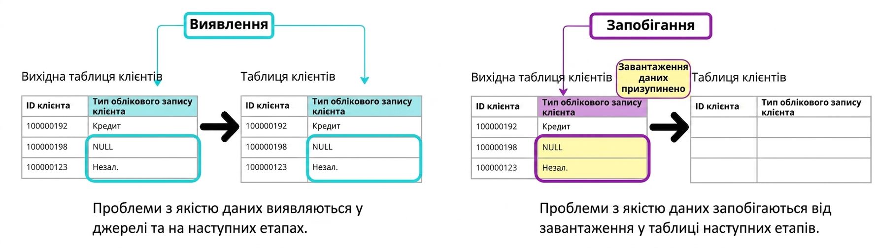схема, що показує різницю між виявними та запобіжними правилами якості даних
