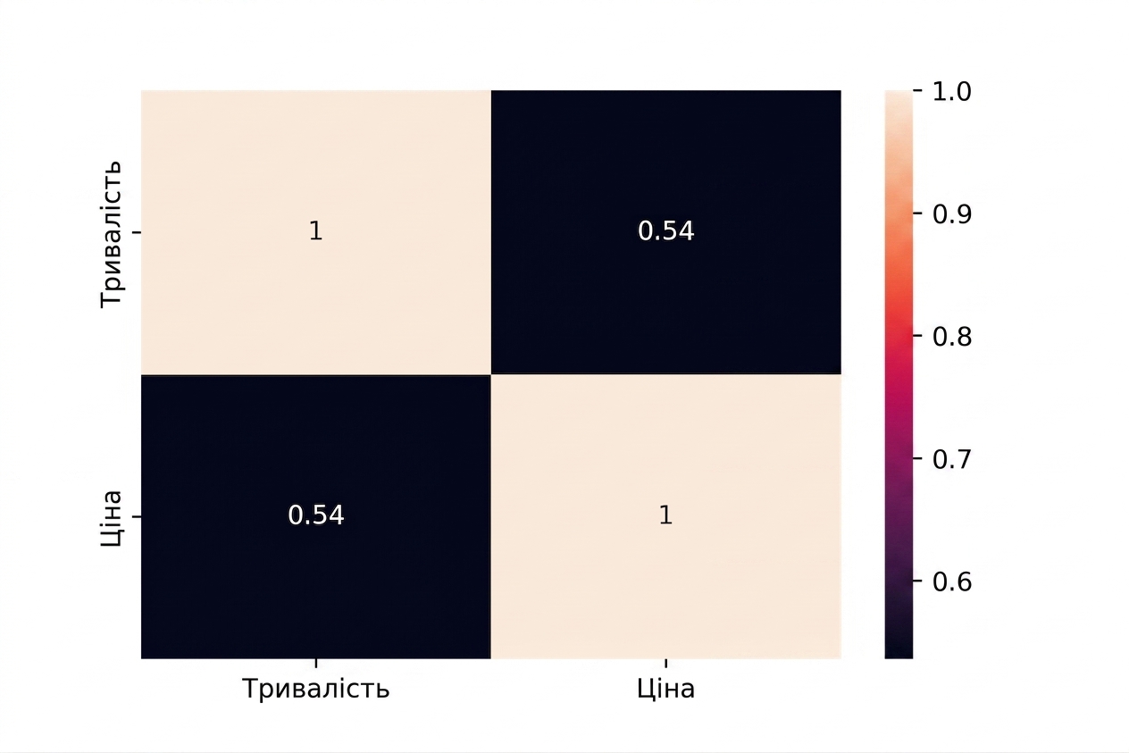 Теплова карта: коефіцієнт кореляції Пірсона 0,54 між Price і Duration