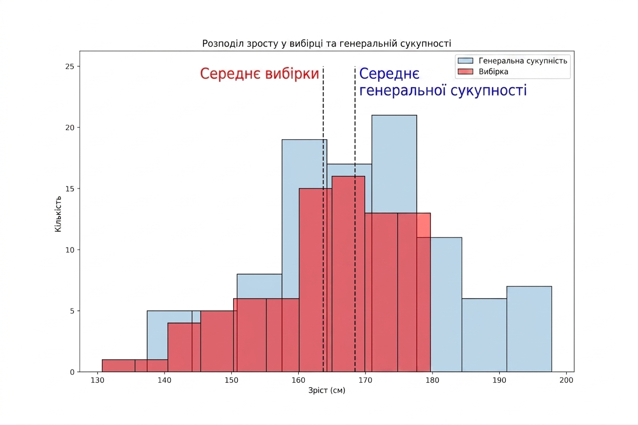 Розподіл зросту у вибірці та генеральній сукупності; у вибірки нижчі максимум і середнє