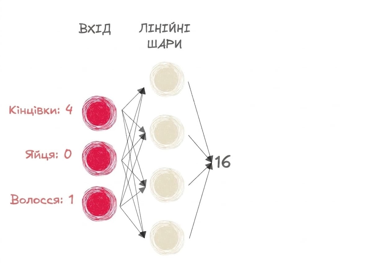 Схема частини нейронної мережі зі входами та числом 6 як виходом лінійних шарів