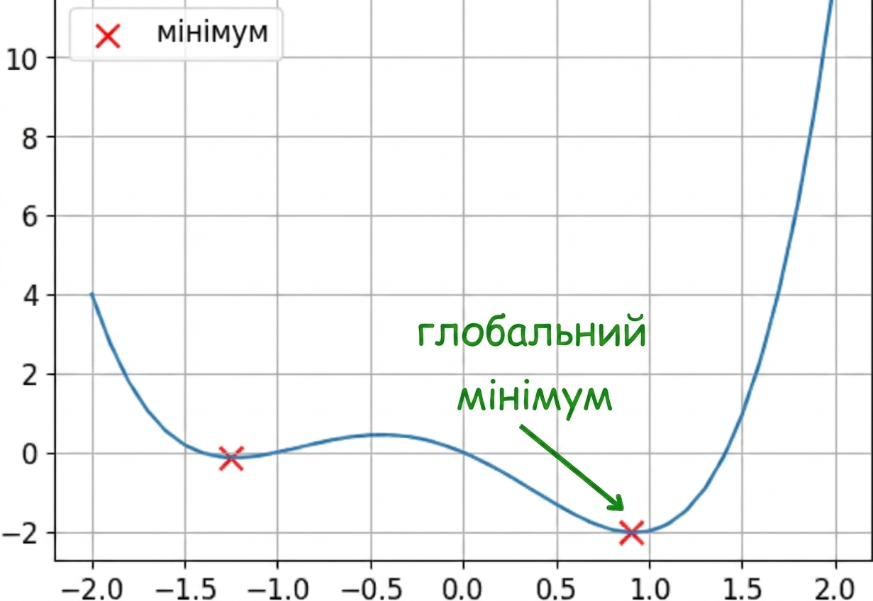 приклад неопуклої функції з позначеним глобальним мінімумом