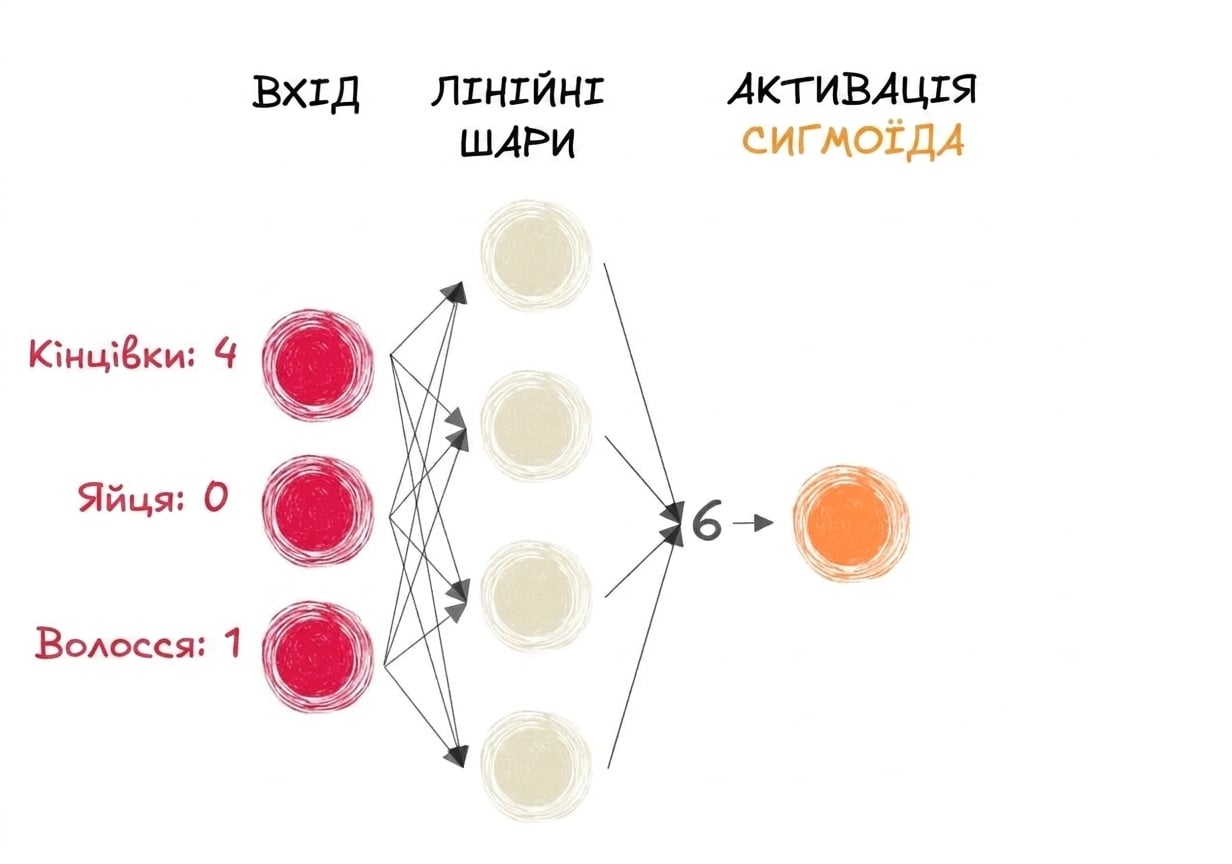 Схема частини нейронної мережі зі входами, числом 6 як виходом лінійних шарів і активацією sigmoid