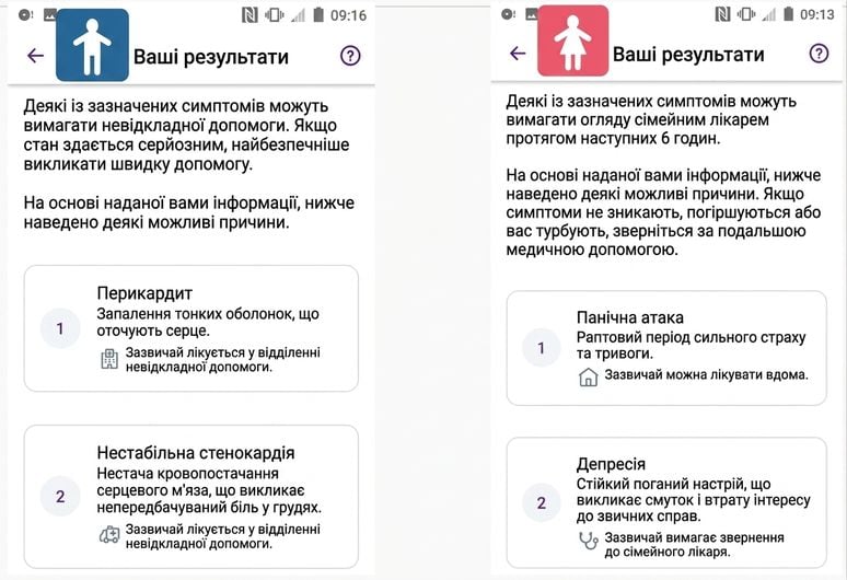 Скріншот діагнозу застосунку охорони здоров'я щодо симптомів інфаркту для чоловіків і жінок.