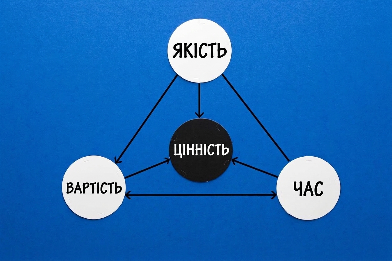 Трикутник цінності з вершинами «якість», «вартість» і «час».