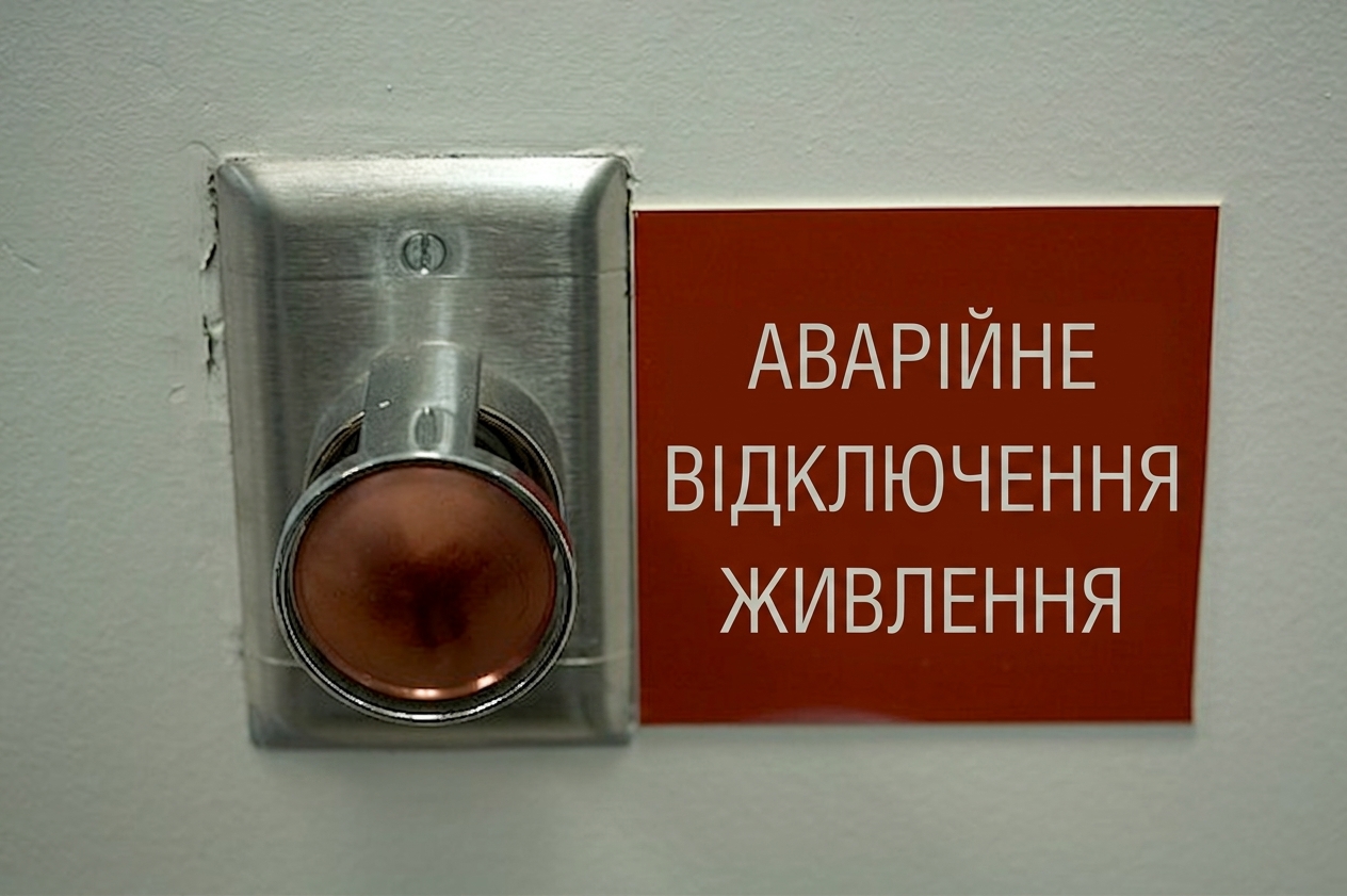 Зображення великої червоної кнопки з табличкою «Аварійне вимкнення живлення» поруч
