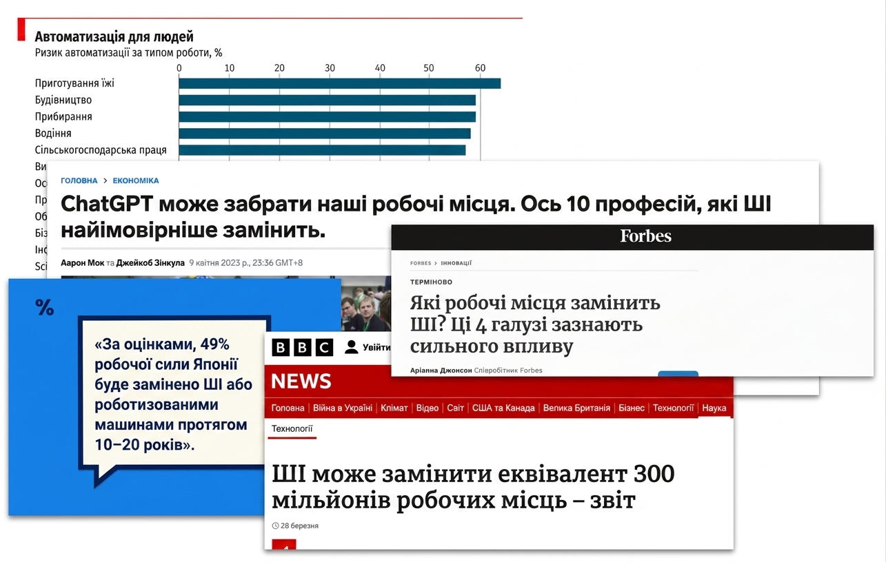Заголовки новин і графіки про те, як ШІ замінить різні роботи
