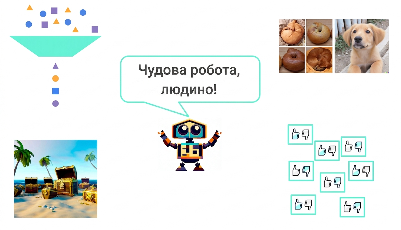 Галерея зображень курсу; посередині робот вигукує: «Чудова робота, людино!»