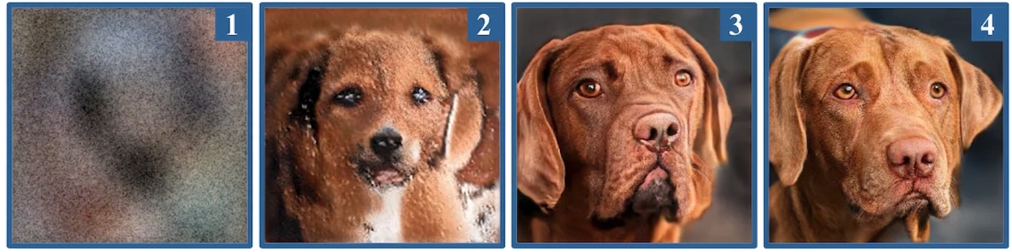 Four images of dogs, each looking more realistic than the last.