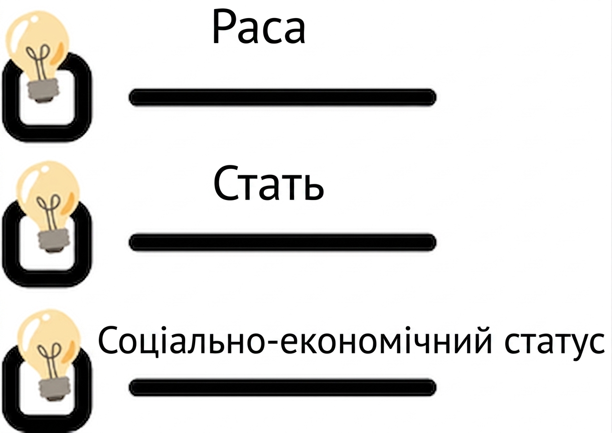 Чекліст із пунктами: раса, гендер і соціально-економічний статус.