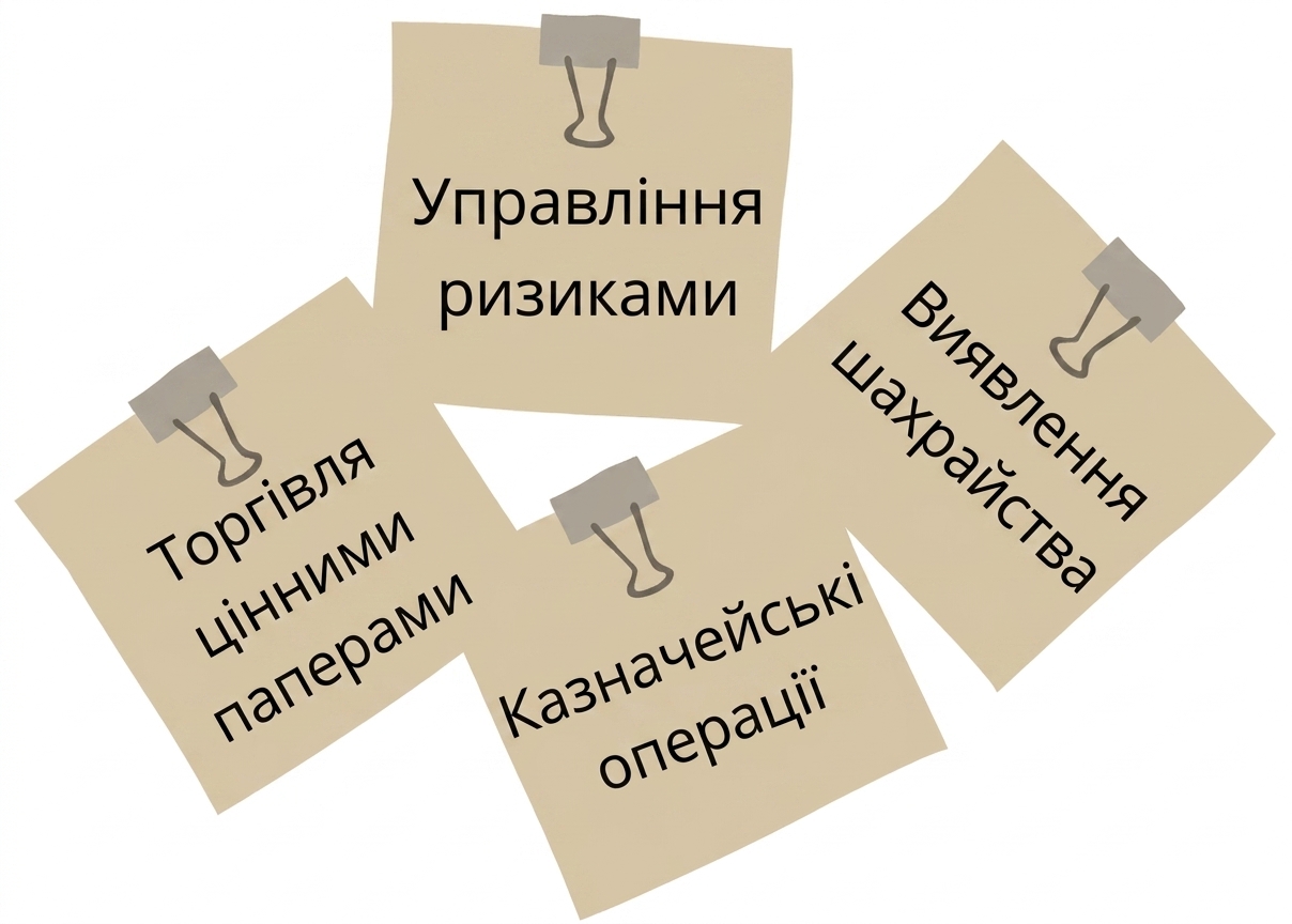 Наліпки, що ілюструють типове використання ШІ у фінансових послугах.