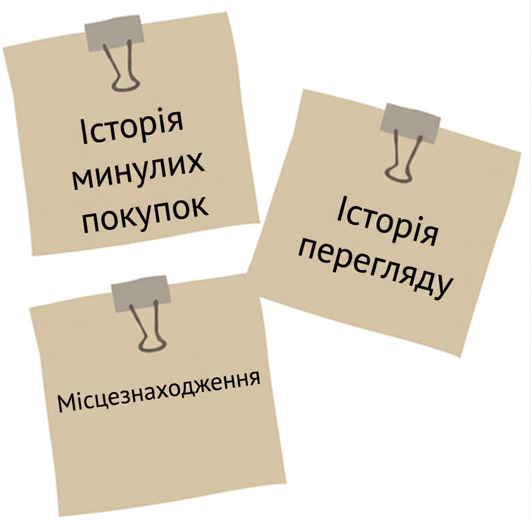 Наліпки, що ілюструють чинники в моделі продажів ШІ.
