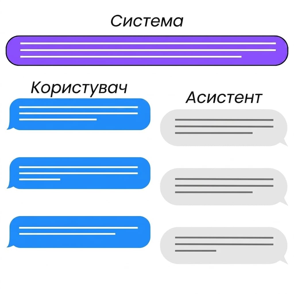 Три ролі у взаємодії чату: system, user та assistant.