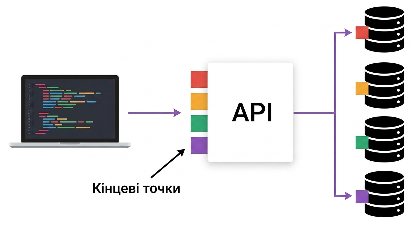 Комп'ютер під'єднаний до OpenAI через кілька кінцевих точок, які своєю чергою з'єднані з різними серверами.