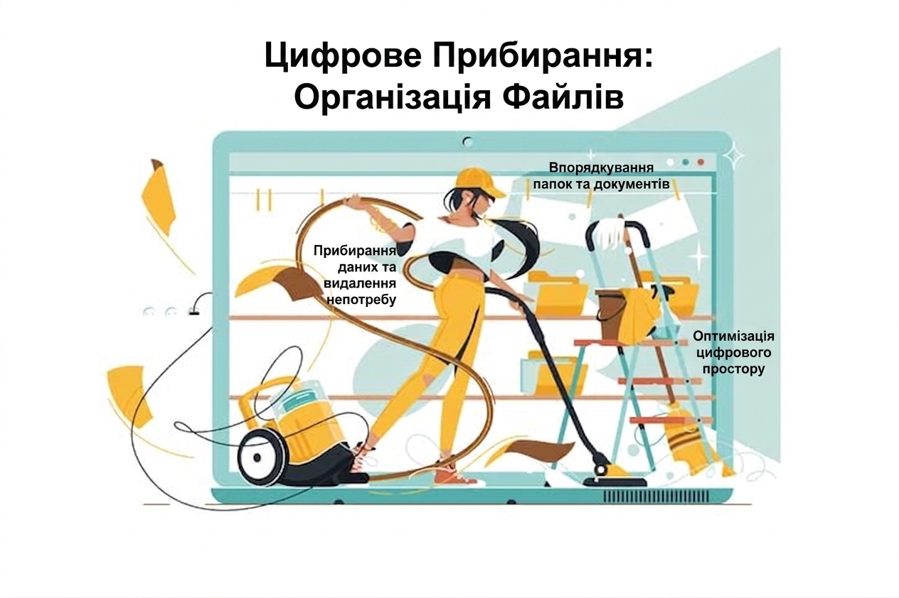 Малюнок: жінка «прибирає» та впорядковує дані, використовуючи побутову техніку.