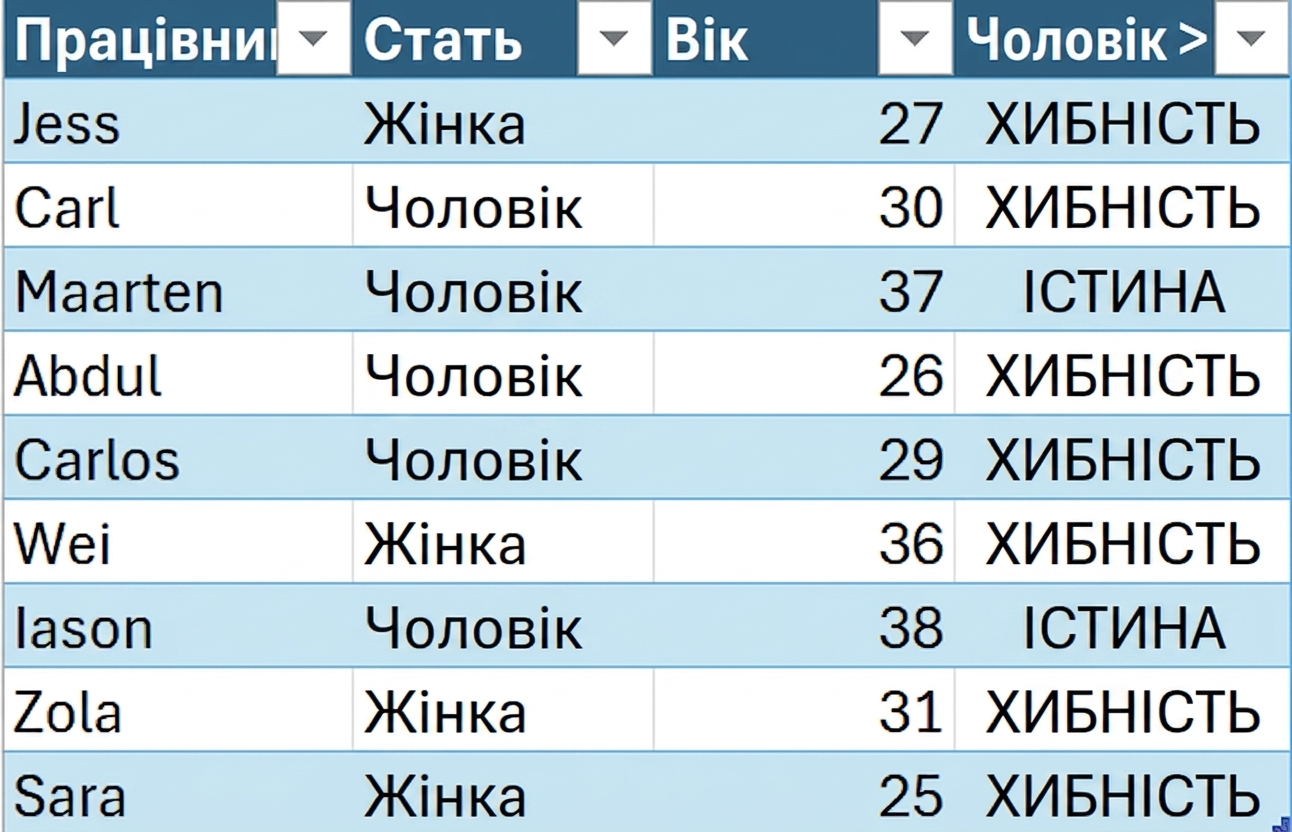 Зразок таблиці DataCo з HR із іменем працівника, статтю, віком і стовпцем, створеним за допомогою умовної формули.