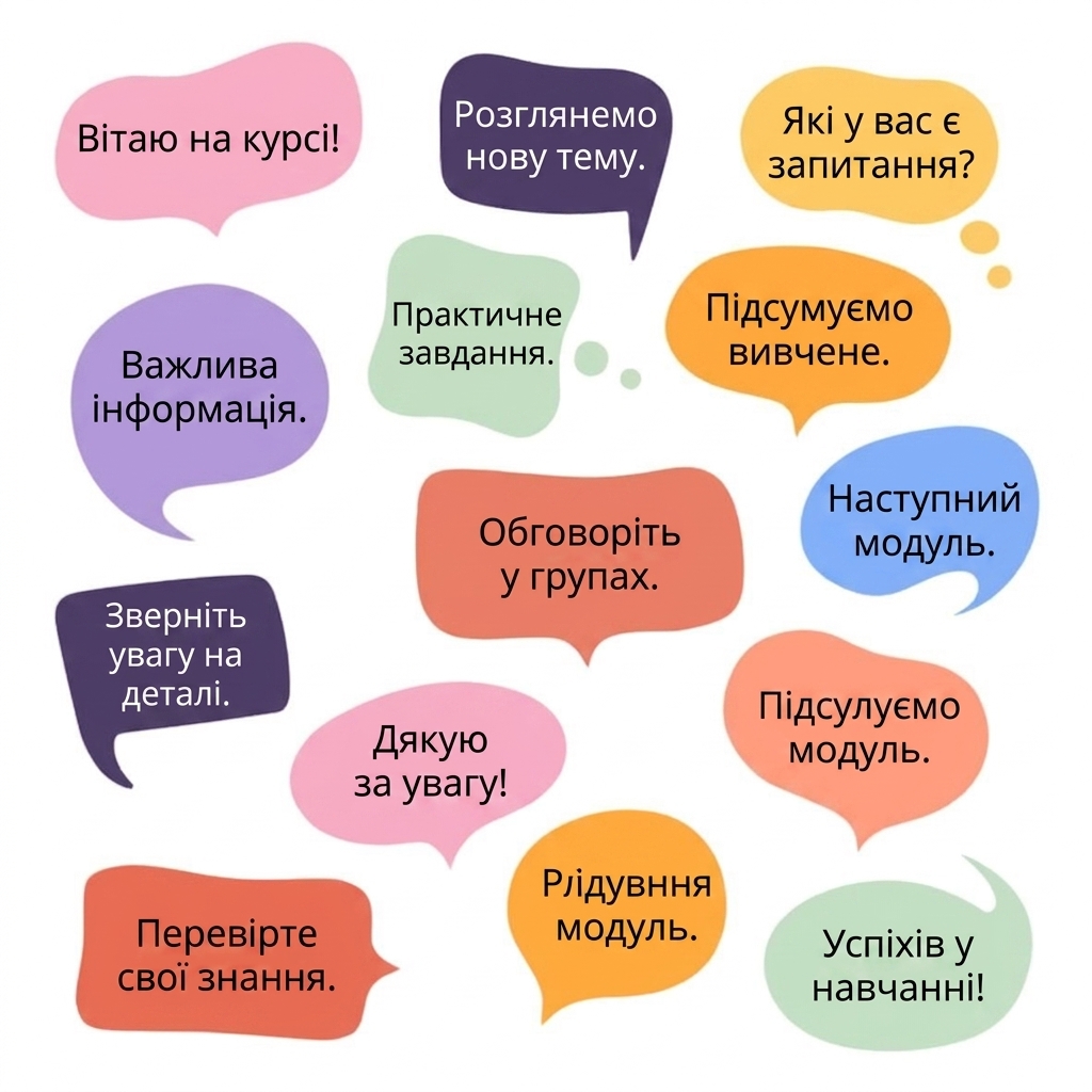 Набір хмаринок слів і бульбашок реплік різних кольорів.