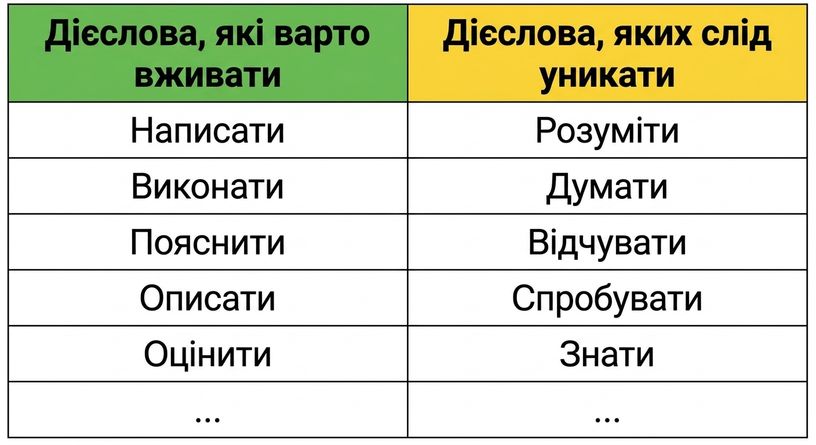Таблиця з дієсловами, які варто використовувати (write, complete, explain, describe, evaluate), і яких уникати (understand, think, feel, try, know).