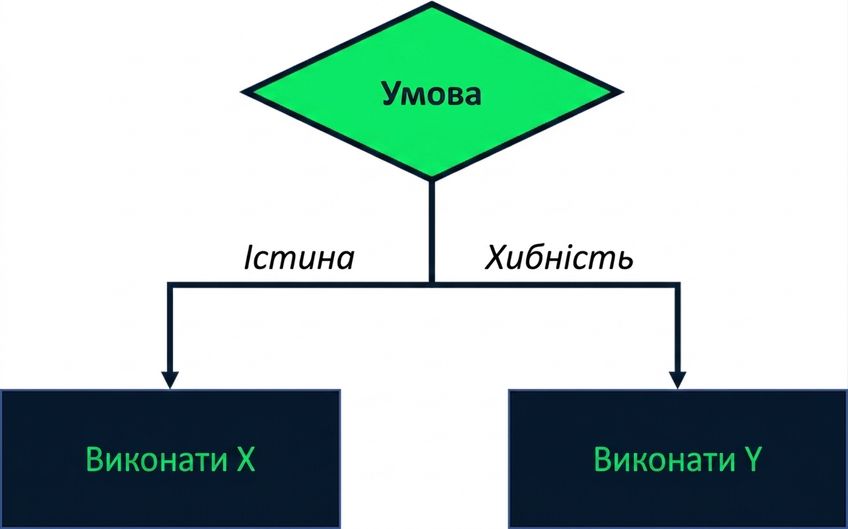 Візуальна схема з умовою перевірки: якщо умова істинна — виконуємо X, якщо хибна — виконуємо Y.