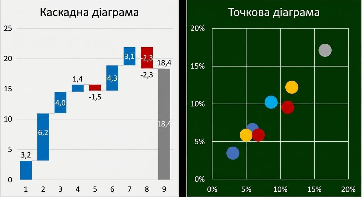 Приклади діаграм водоспад та точкова