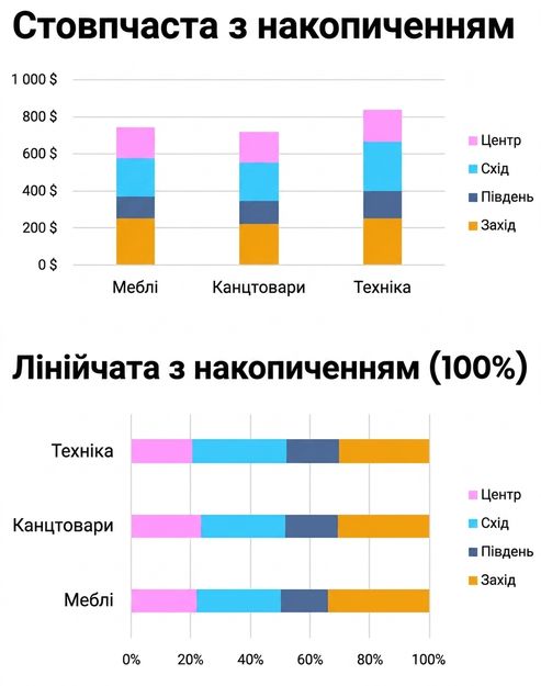 Приклади складених і складених 100% стовпчикових і колонкових діаграм
