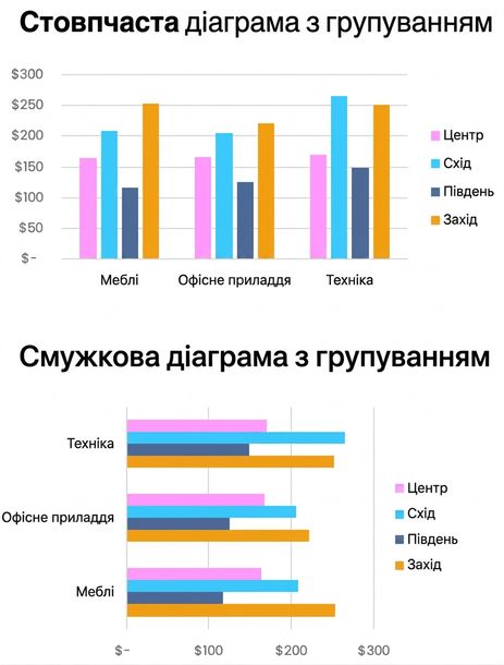 Приклади згрупованих стовпчикових і колонкових діаграм