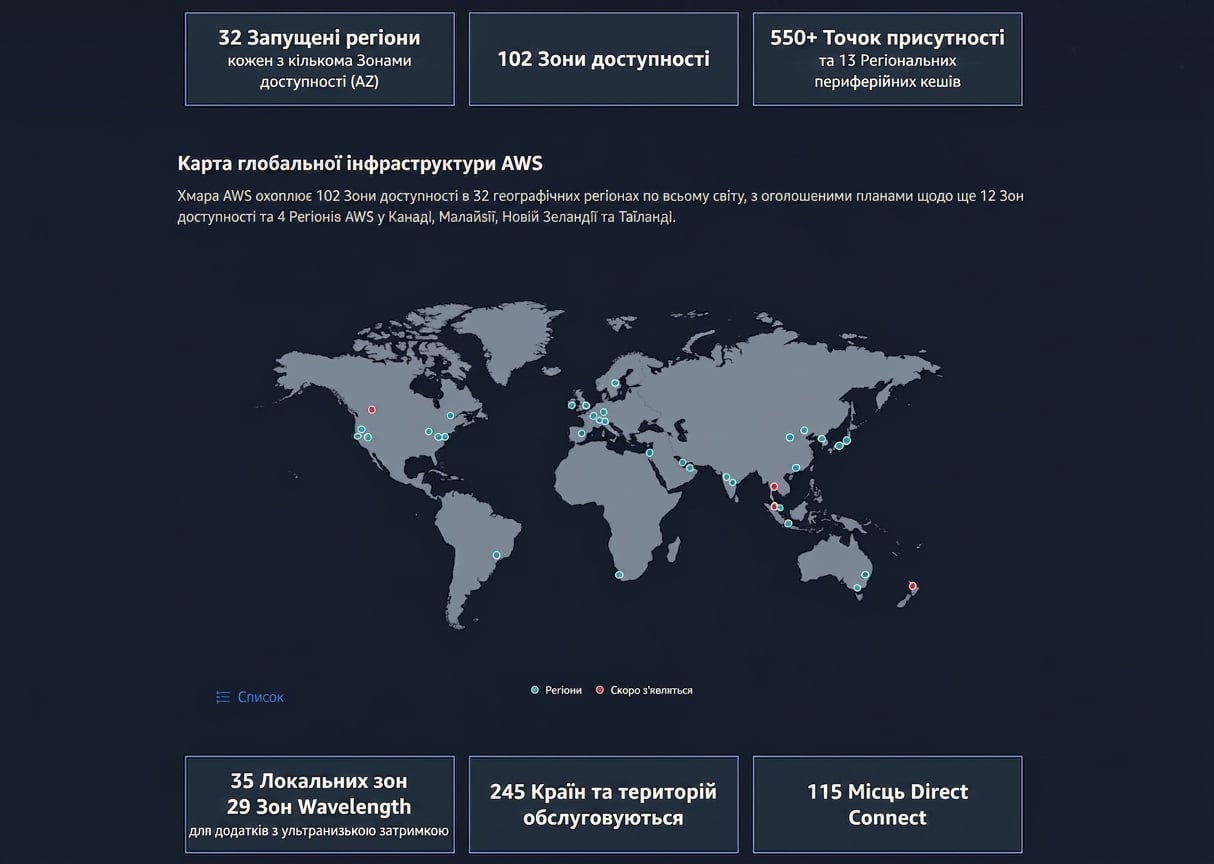 Зображення глобуса з вузлами по всьому світу, що показує географічну різноманітність AWS