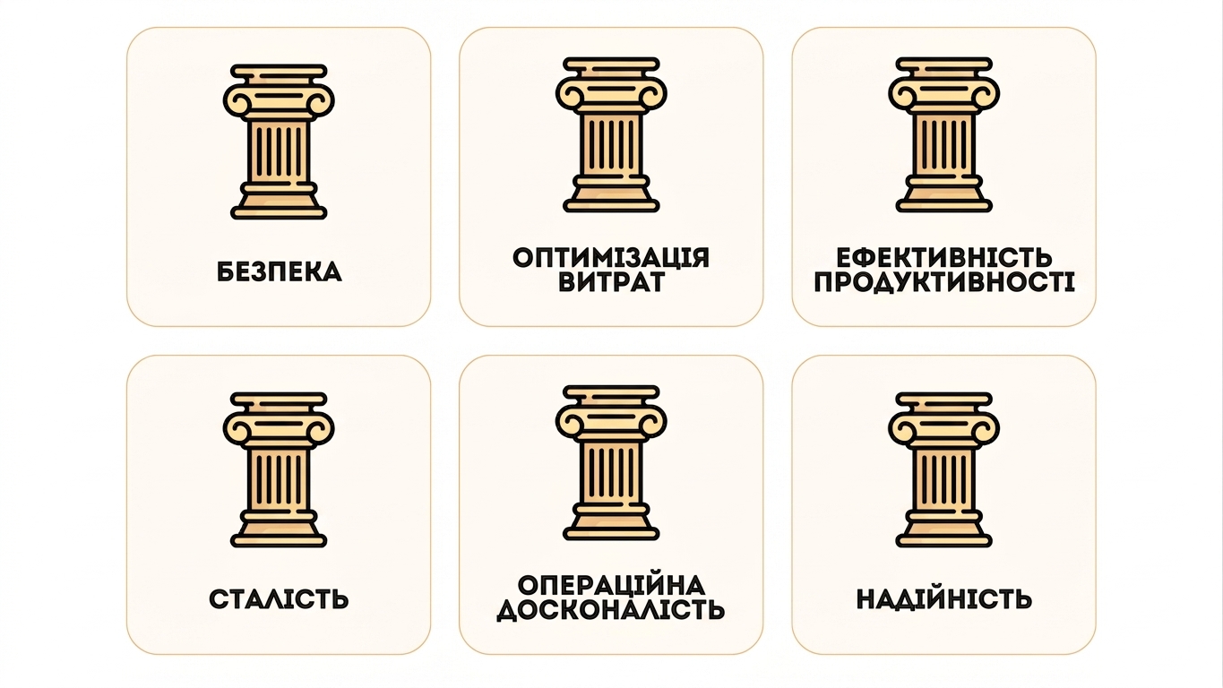 Шість стовпів фреймворку: Security, Cost Optimization, Performance Efficiency, Sustainability, Operational Excellence та Reliability