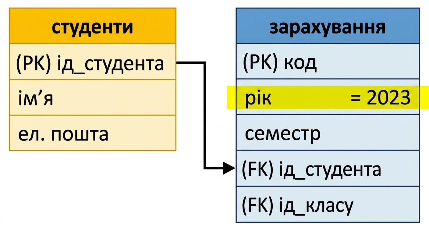 Запит до ER-моделі для зарахувань 2023 року