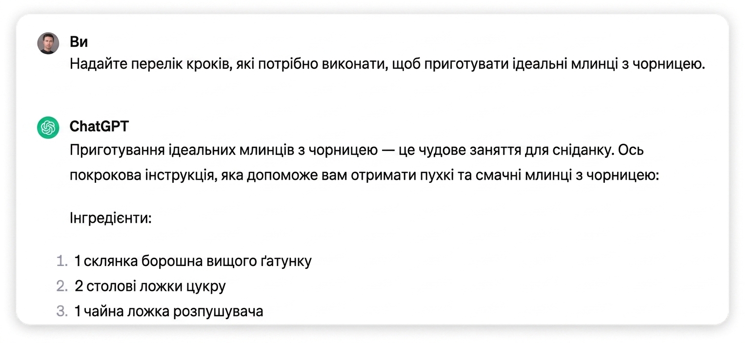 Відповідь ChatGPT зі списком кроків для ідеальних чорничних млинців