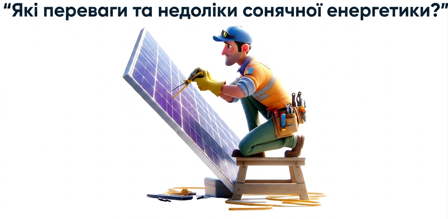 Людина працює з сонячною панеллю і підказка «what are the benefits and drawbacks of solar energy»