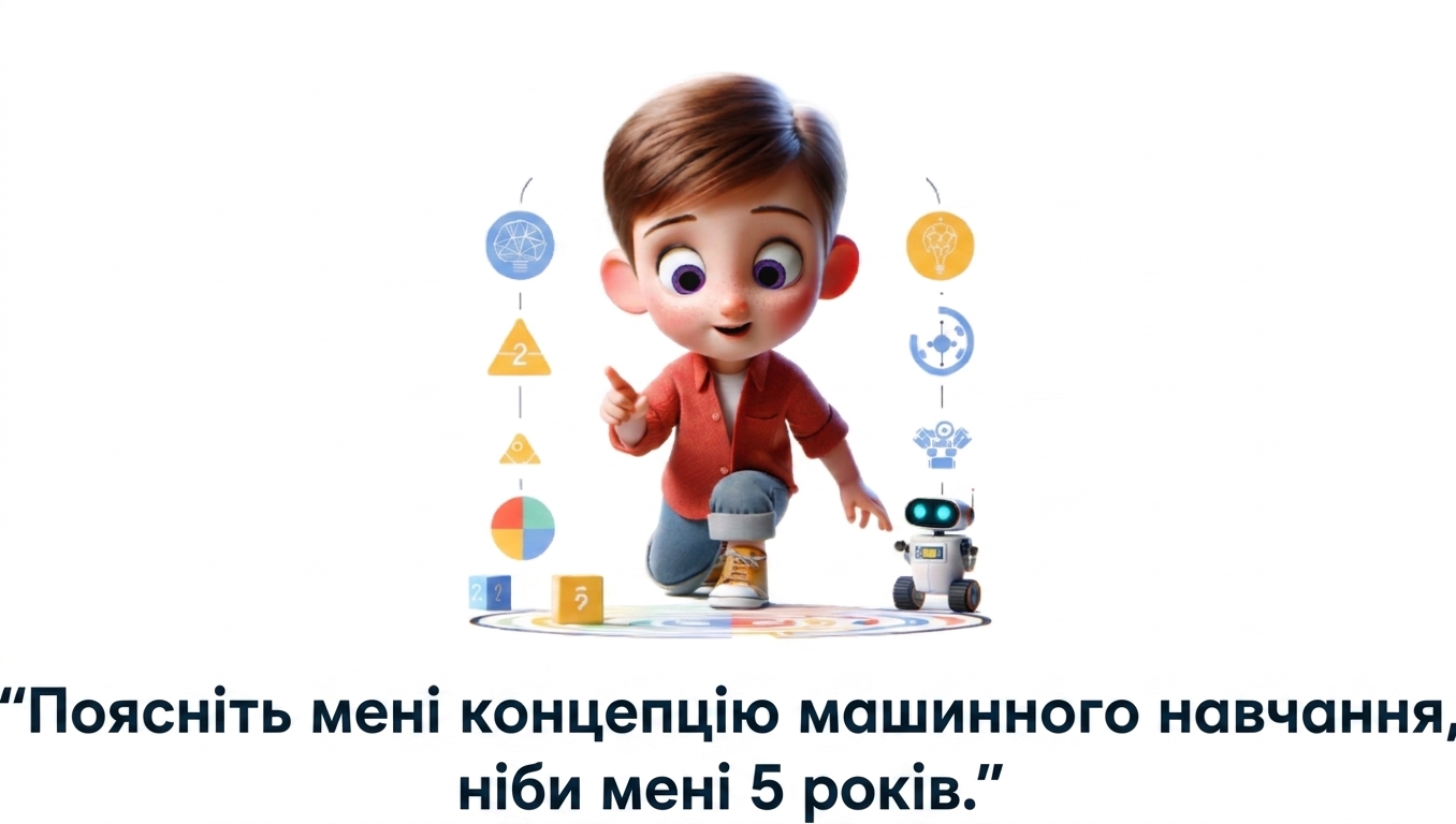 Ілюстрація пʼятирічної дитини й підказки «explain the concept of machine learning like i'm a 5 year old»