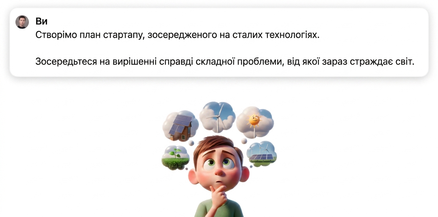Мальована ілюстрація дитини, що думає про сталі технології
