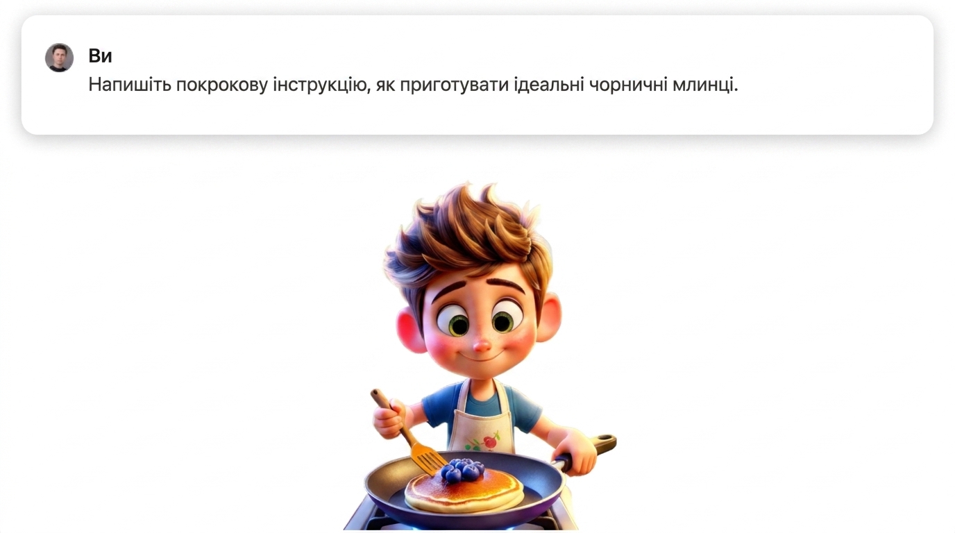 Людина пече чорничні млинці з підказкою надати список кроків для ідеальних чорничних млинців