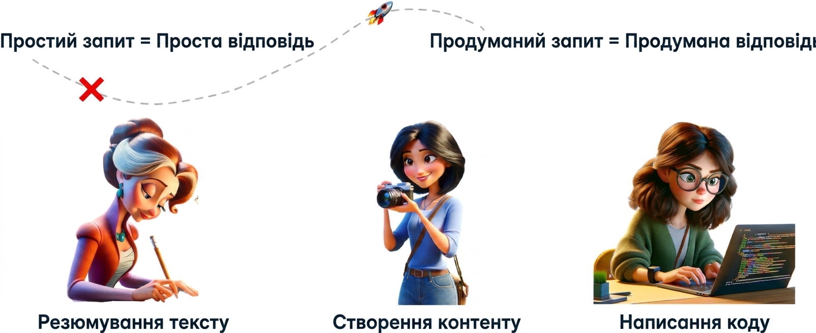 Мальовані ілюстрації: людина пише, інша фотографує, третя пише код