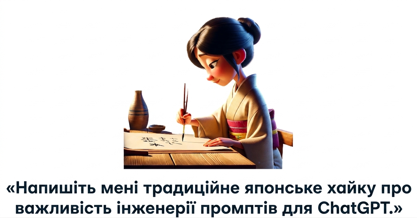 Людина пише хайку й підказка «write me traditional japanese haiku about the importance of prompt engineering with chatgpt»