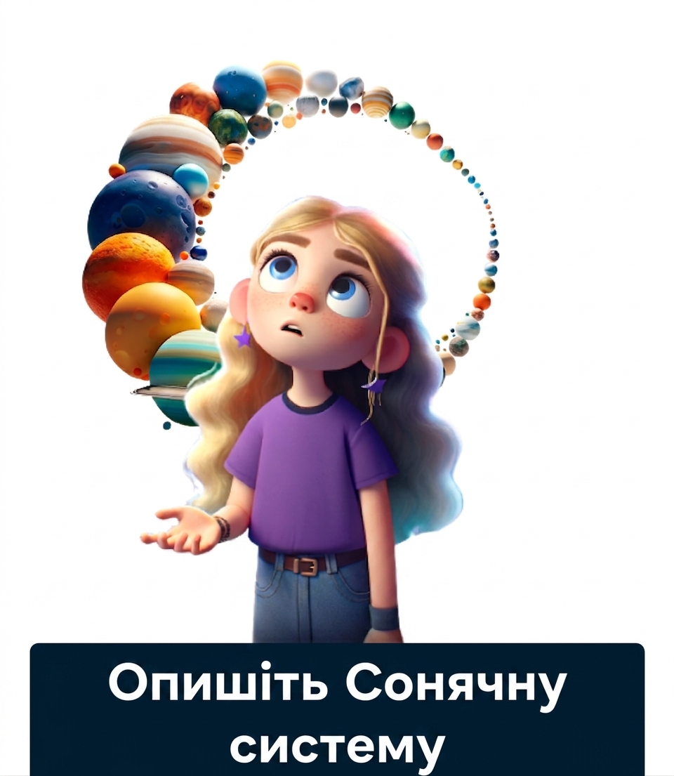Молода людина з підказкою «describe the solar system»