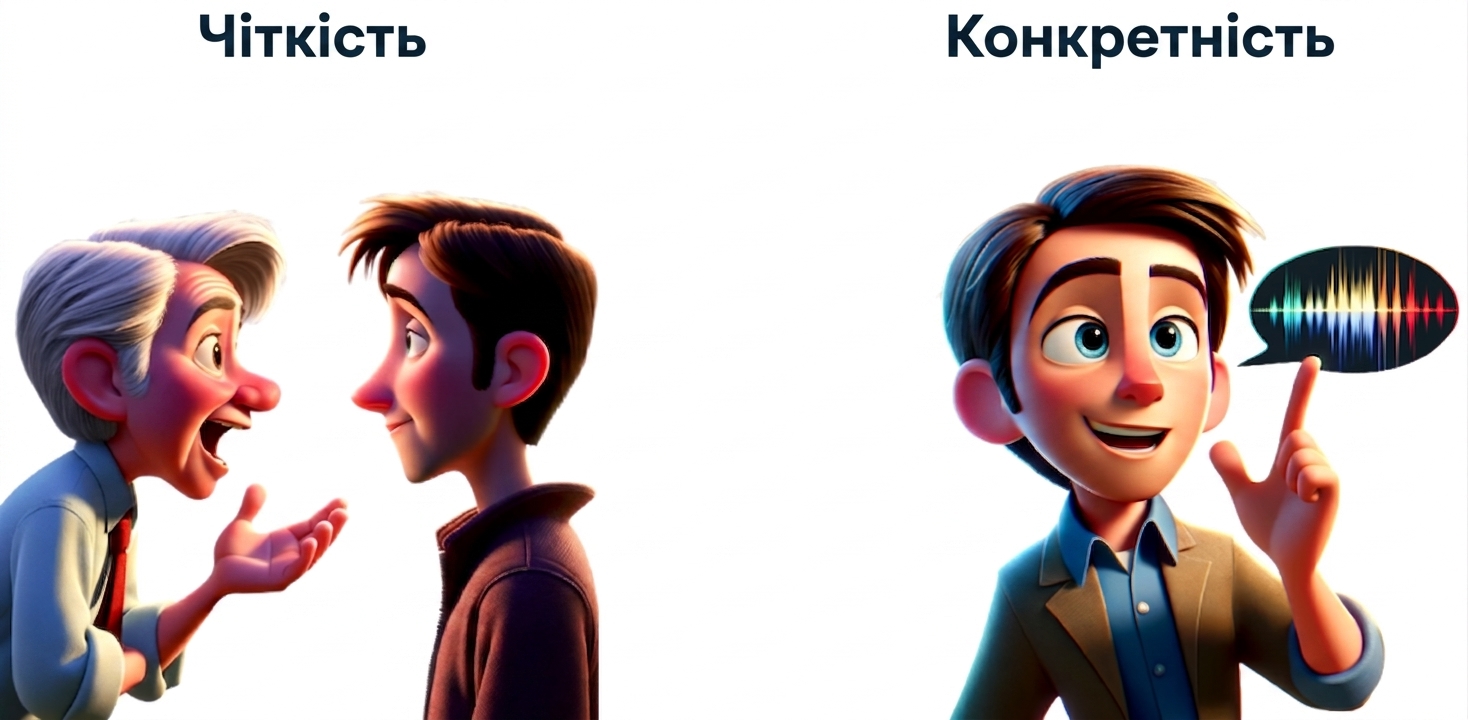 Зліва двоє спілкуються для ілюстрації чіткості, справа — людина з реплікою для ілюстрації конкретності