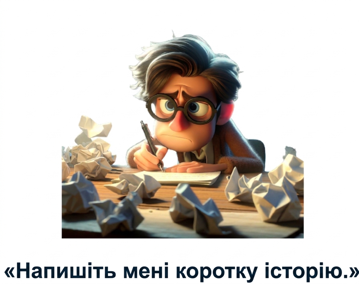Збентежена й втомлена людина з підказкою «write me a short story»