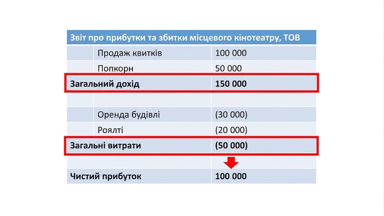 прибутки й збитки з виділеним розрахунком чистого прибутку