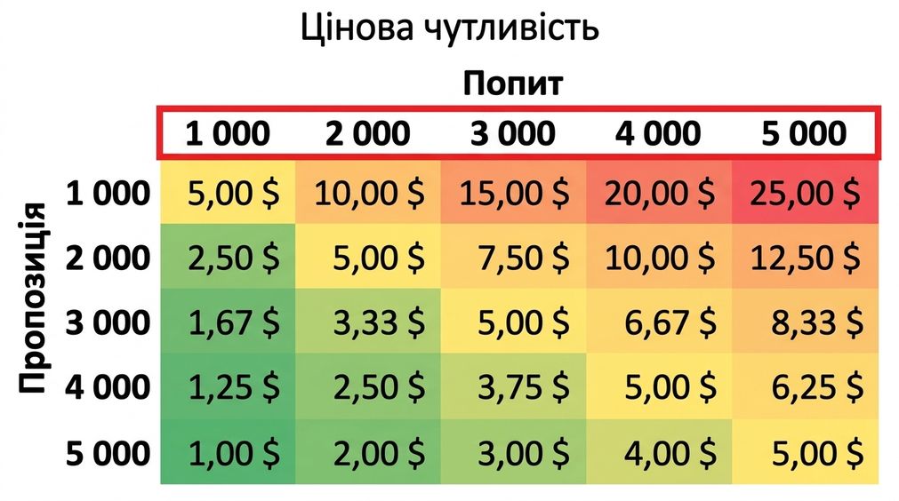 таблиця чутливості з підсвіченими значеннями попиту