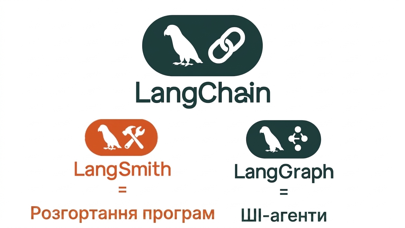 Екосистема LangChain, що складається з LangChain, LangSmith та LangGraph.