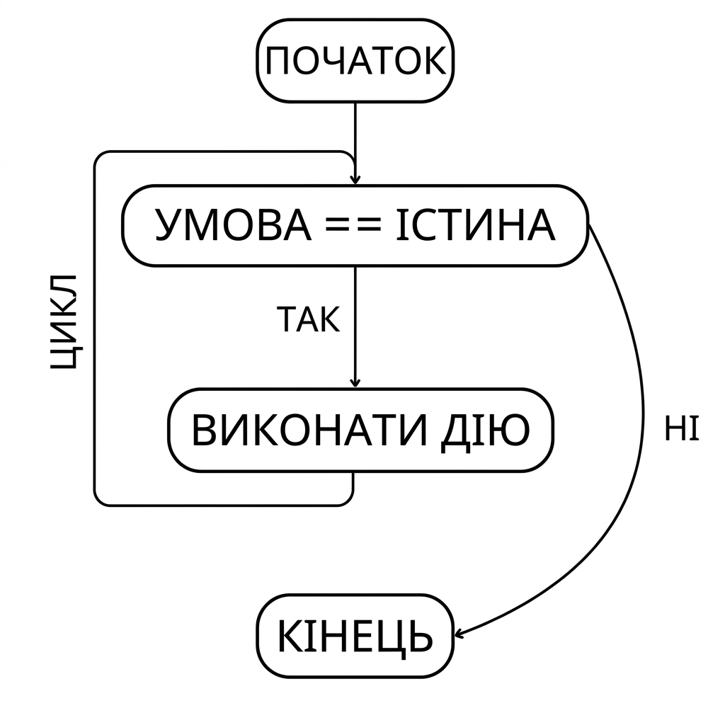 Послідовність while: старт > умову виконано > виконайте дію > цикл > повторюйте, доки умова не стане хибною