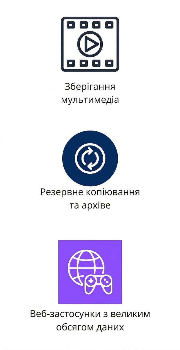 Три вертикальні піктограми: мультимедійне зберігання, резервні копії й архіви, вебзастосунки з великим обсягом зберігання.
